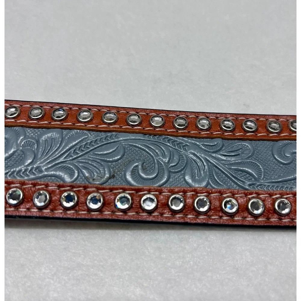 3-D Belt Womens Blue Tooled Leather Rhinestone Western Cowgirl Belt Size 32 647